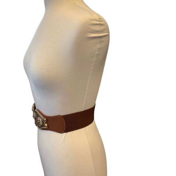 Cool vintage looking metal stretch antique buckle belt, brown and brushed gold main image 11